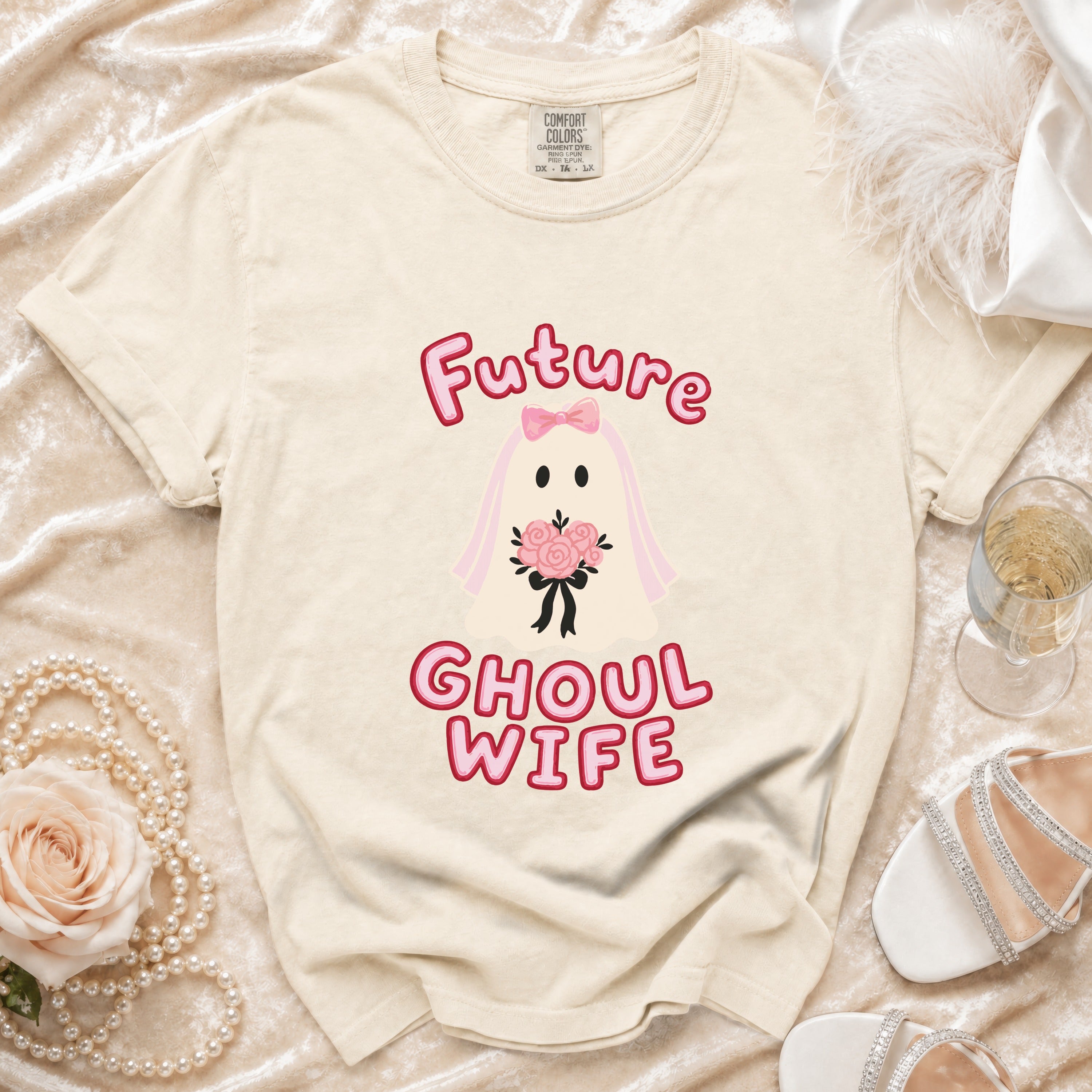 Cream t-shirt with ghost bride graphic saying "Future Ghoul Wife".