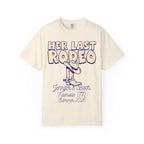 Cream t-shirt with "HER LAST RODEO" text, cowboy boot, and event details.