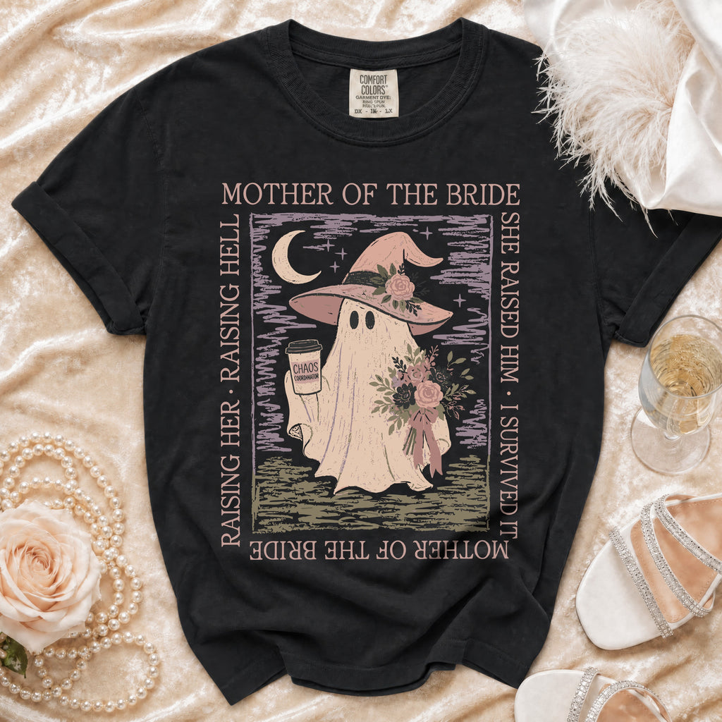 Black t-shirt with ghost in witch hat holding coffee, "Mother of the Bride" text.