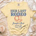 Yellow t-shirt with "HER LAST RODEO" and bachelorette details.