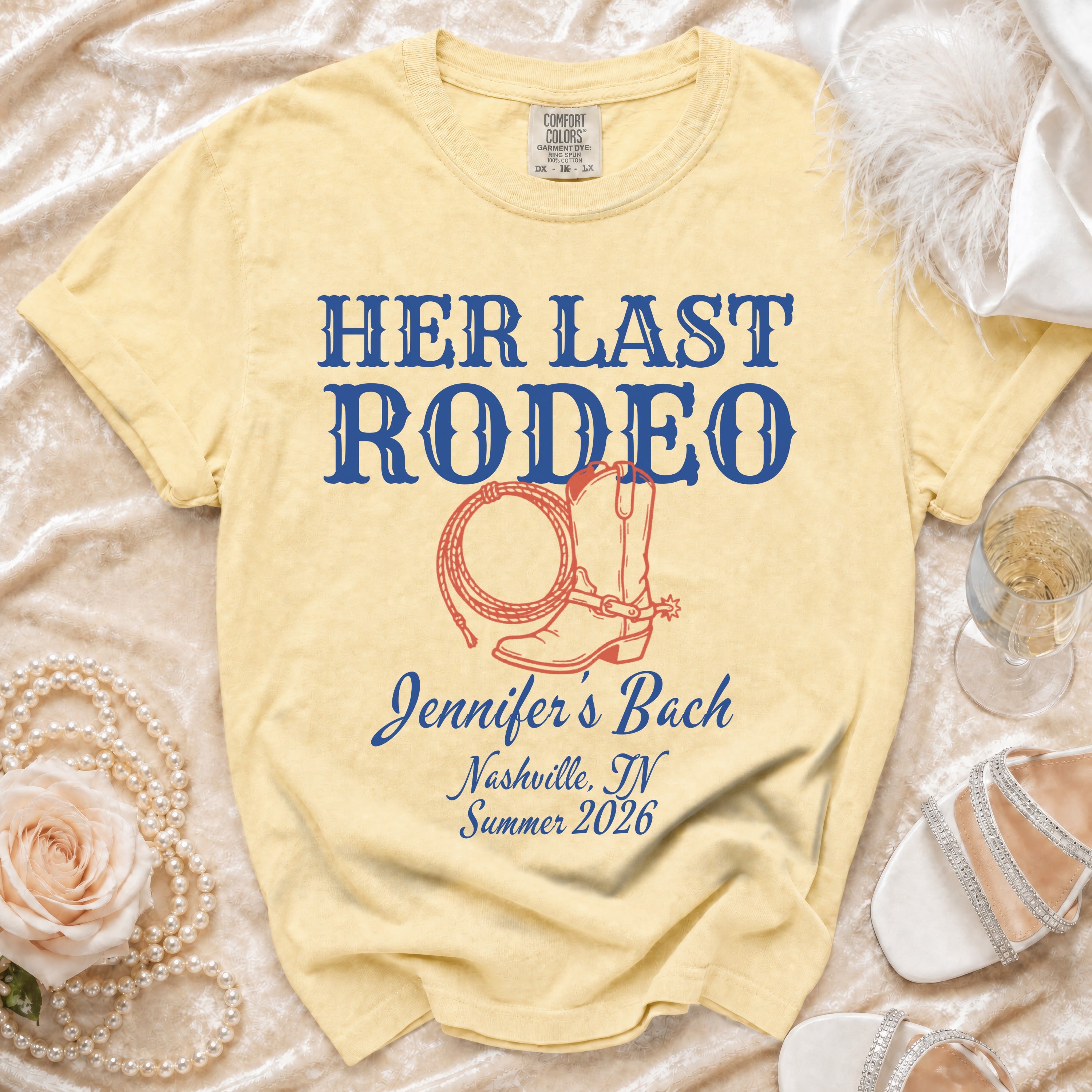 Yellow t-shirt with "HER LAST RODEO" and bachelorette details.
