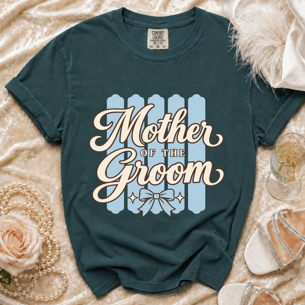Green t-shirt with "Mother of the Groom" text and a bow graphic.