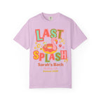 Pink t-shirt with "Last Splash" text, donut float, and flamingo for Sarah's Bach.