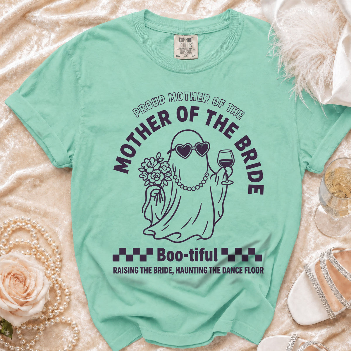 T-shirt with "Proud Mother of the Bride" text and ghost graphic.