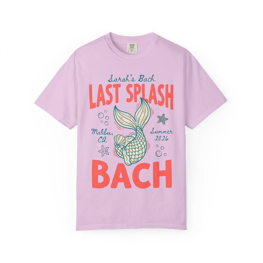 Lilac t-shirt with "Sarah's Bach Last Splash" text and mermaid tail graphic.