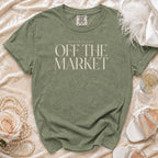 Olive green t-shirt with "OFFICIALLY OFF THE MARKET" text.