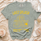 Yellow text on gray t-shirt: "Last Splash Sarah's Bach Summer Malibu, CA 2026".