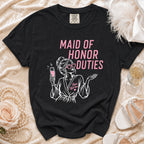 Black t-shirt with "MAID OF HONOR DUTIES" and "Bride's Right Hand" graphic.