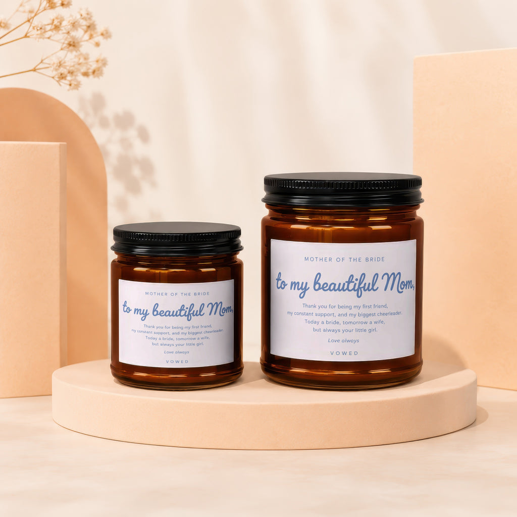 Two candles with "Mother of the Bride" sentiment and a bride's message.