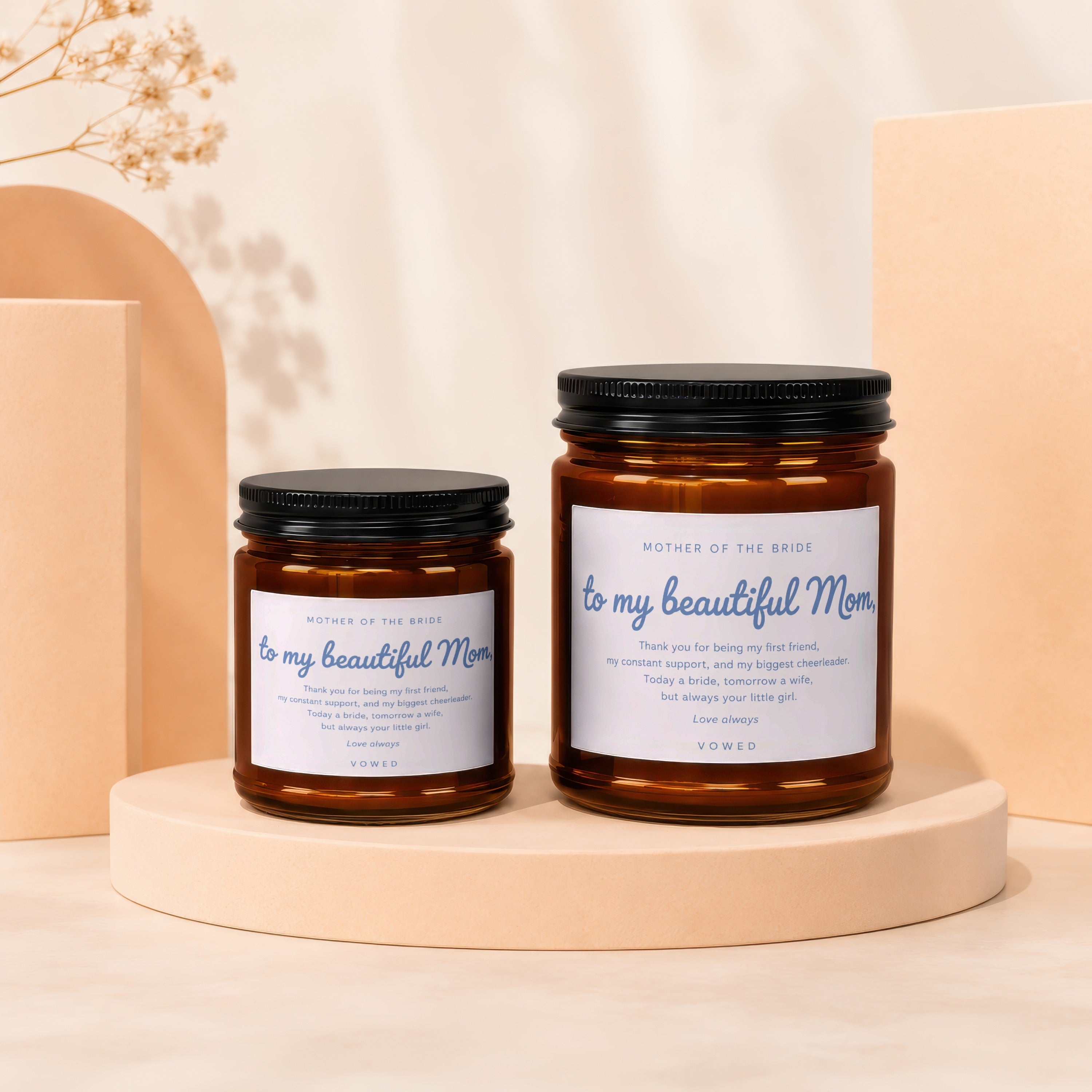 Two candles with "Mother of the Bride" sentiment and a bride's message.