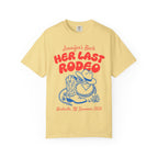 Yellow t-shirt with "Jennifer's Bach HER LAST RODEO Nashville, TN, Summer 2026" and cowboy boots.
