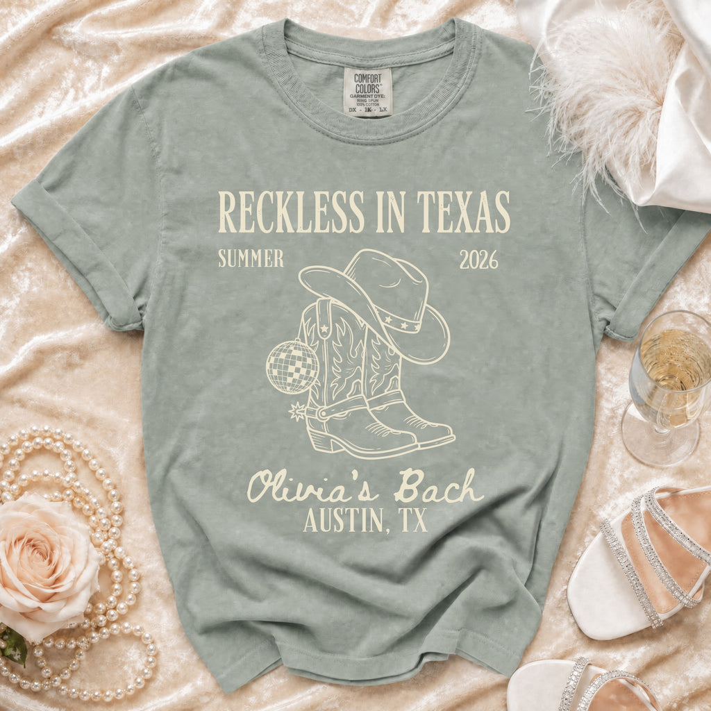 "Reckless in Texas" t-shirt with cowboy boots and disco ball, for Olivia's Bach in Austin.
