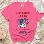 Pink t-shirt with "Red, White & I Do" for Willow's Bachelorette, Austin, TX, July 4th, 2026.