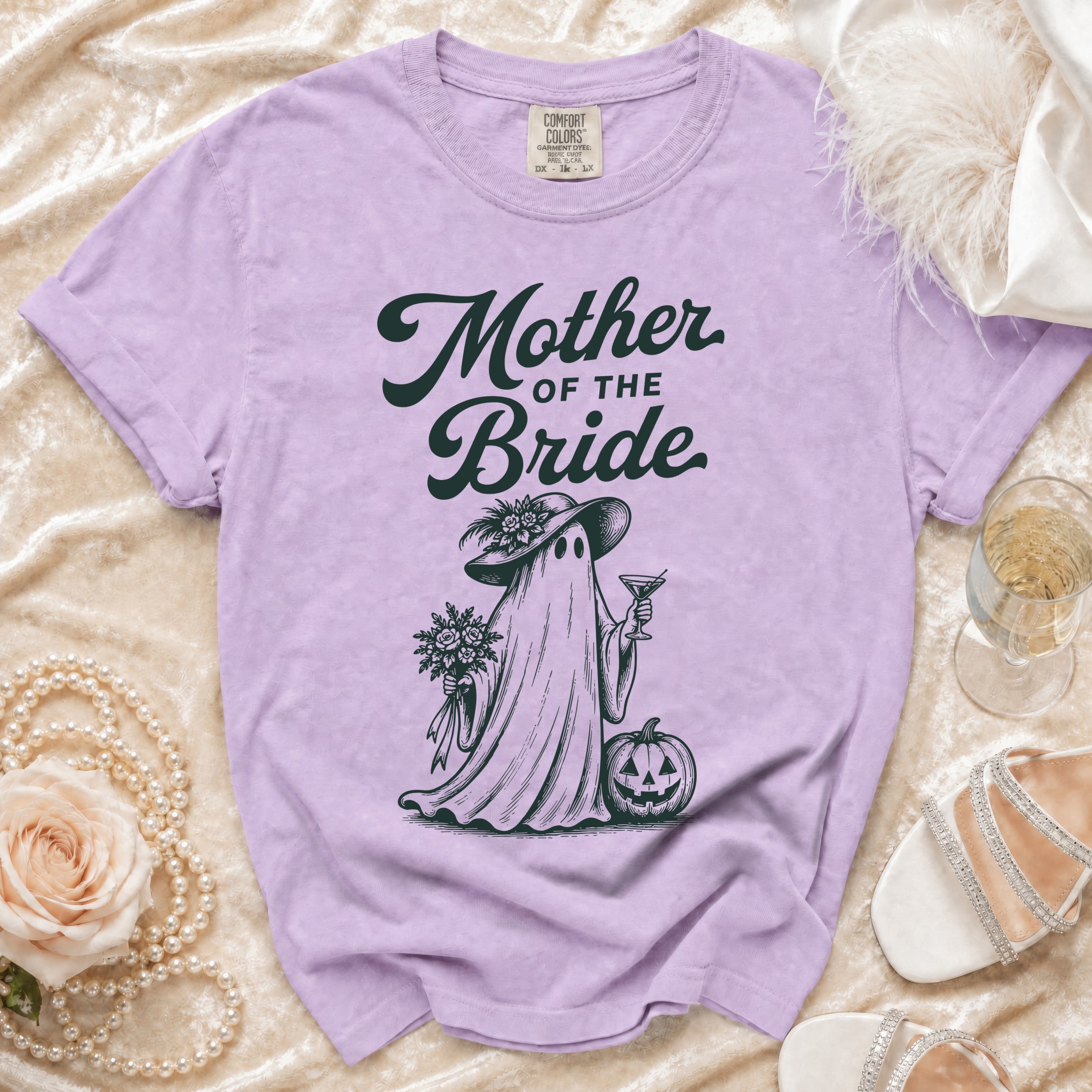 Lavender t-shirt with "Mother of the Bride" text and ghost graphic.