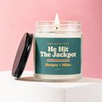 Scented candle with text "She Said Yes," "He Hit The Jackpot," and "Harper + Miles."
