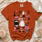 Orange Comfort Colors shirt with "Mother of the Bride" and wedding-themed illustrations.
