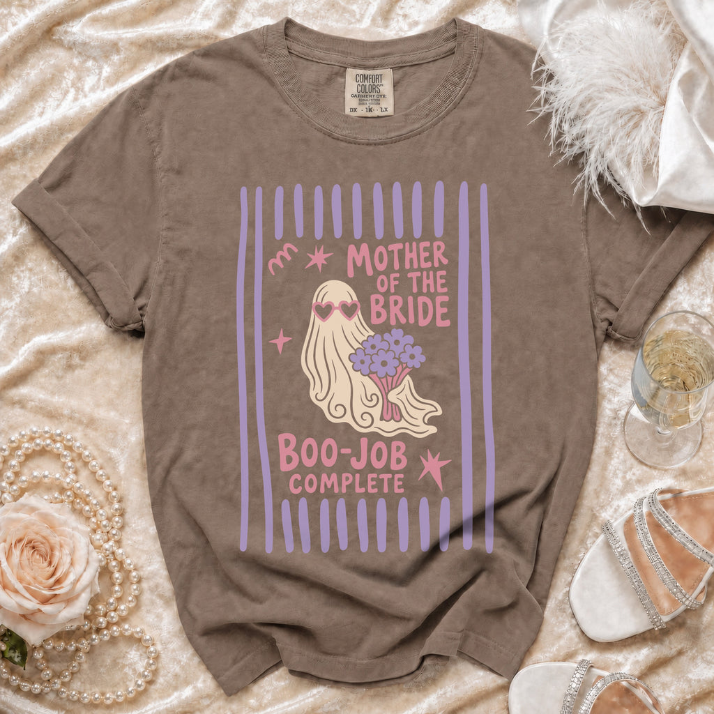 Brown t-shirt with "Mother of the Bride Boo-Job Complete" text and ghost graphic.