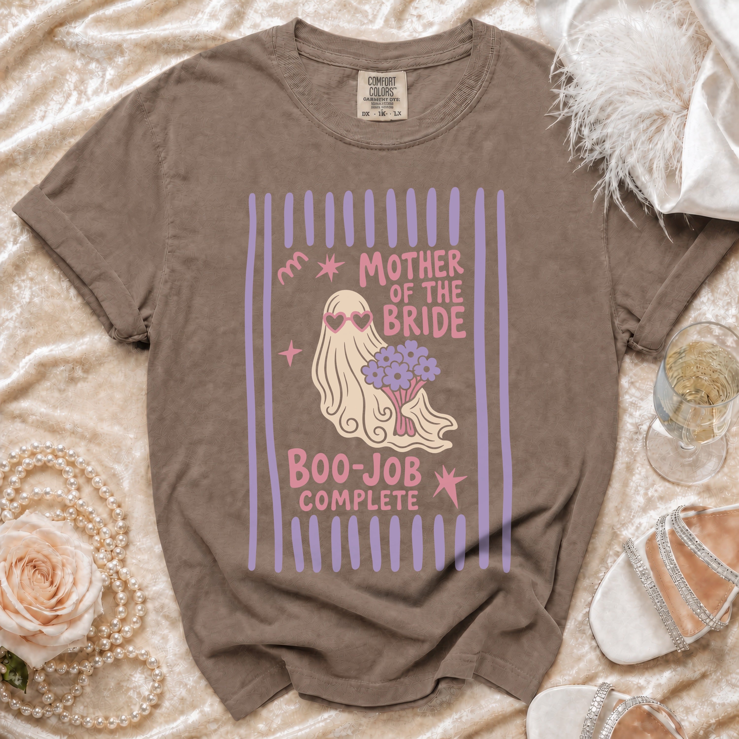 Brown t-shirt with "Mother of the Bride Boo-Job Complete" text and ghost graphic.