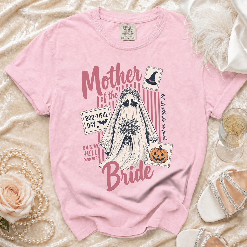 Pink shirt with "Mother of the Bride" ghost graphic, witch, pumpkin, and stamps.