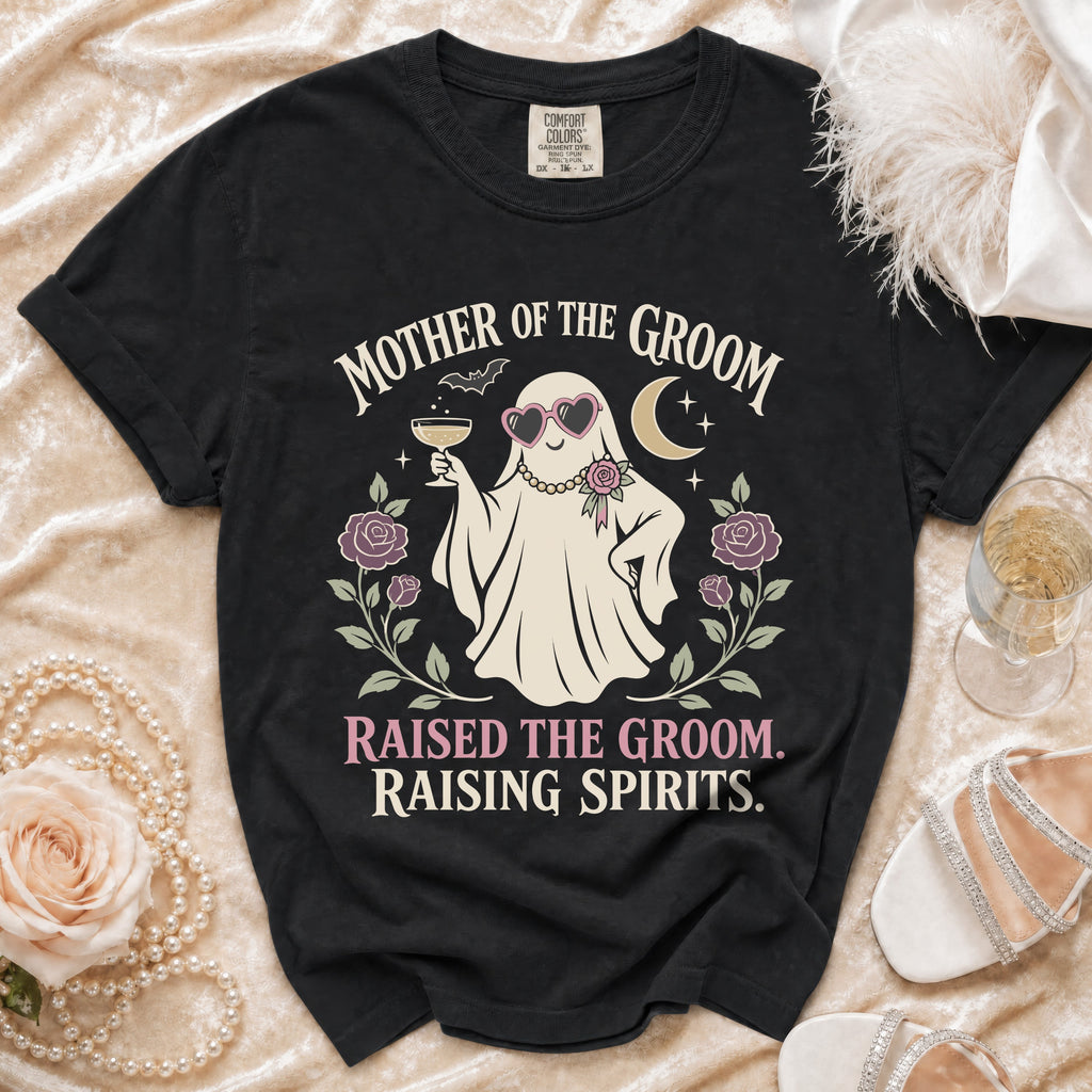 Black t-shirt with "Mother of the Groom" text and a ghost graphic.