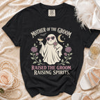 Black t-shirt with "Mother of the Groom" text and a ghost graphic.