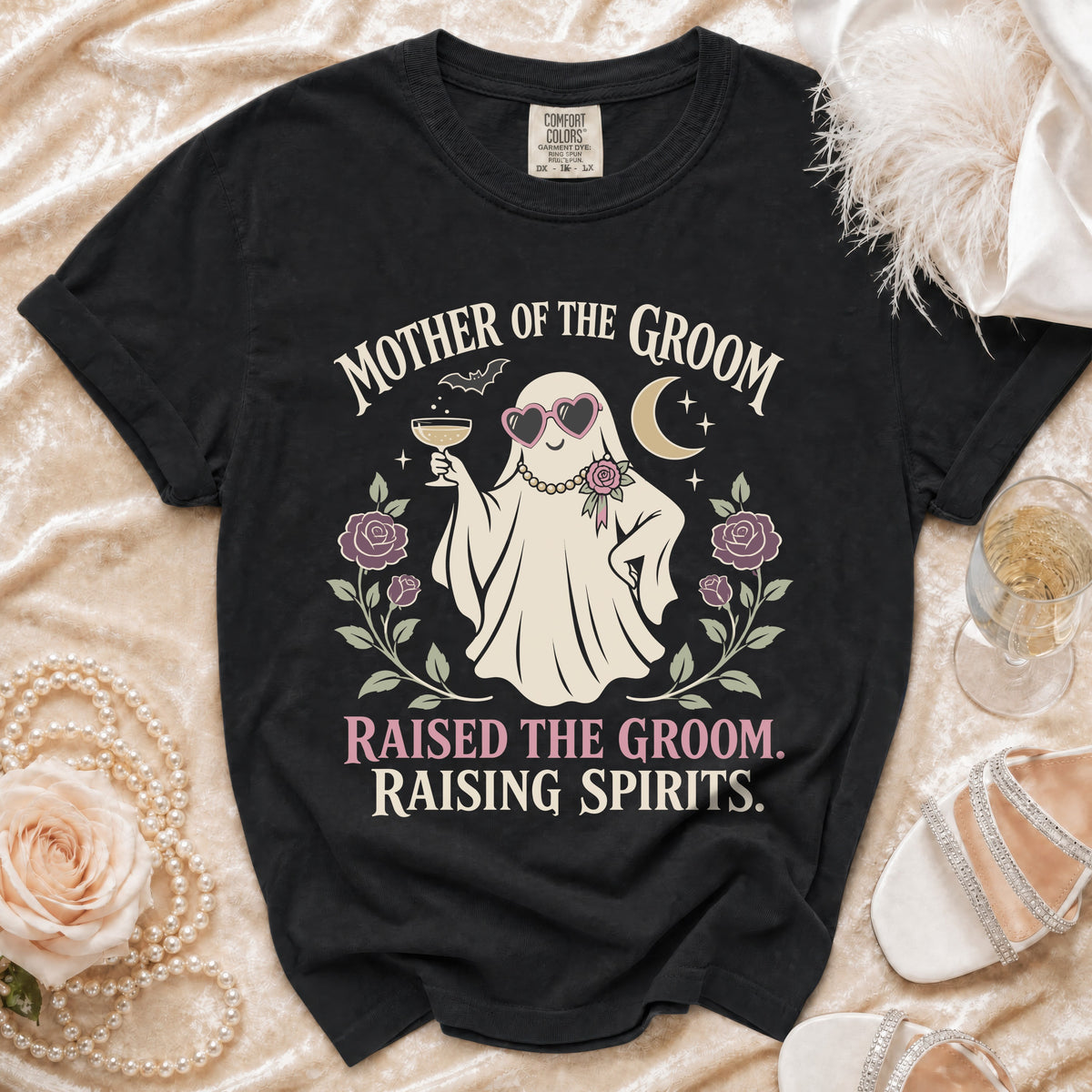 Black t-shirt with "Mother of the Groom" text and a ghost graphic.