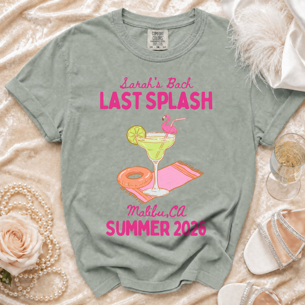 "Sarah's Bach Last Splash" text on a grey t-shirt with margarita graphic.