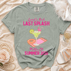 "Sarah's Bach Last Splash" text on a grey t-shirt with margarita graphic.