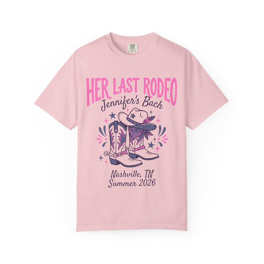 Pink t-shirt with "Her Last Rodeo" and cowboy boots graphic.