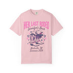 Pink t-shirt with "Her Last Rodeo" and cowboy boots graphic.