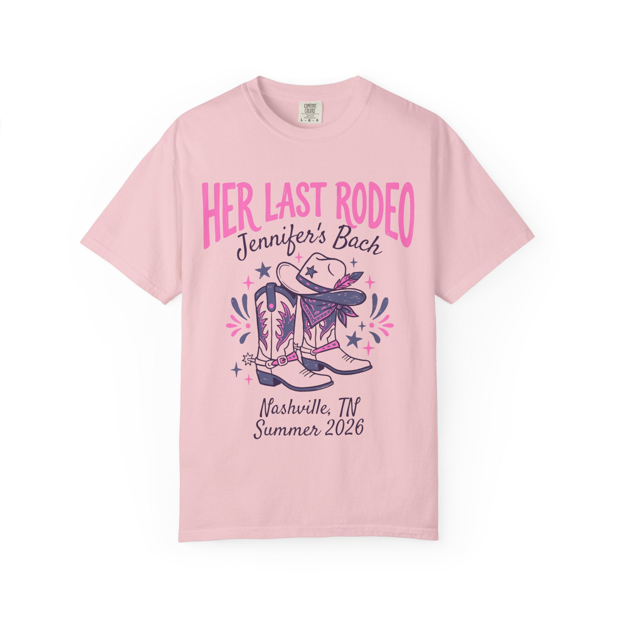Pink t-shirt with "Her Last Rodeo" and cowboy boots graphic.