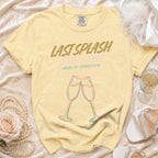 Yellow t-shirt with "Last Splash Sarah's Bach Malibu, CA Summer 2026" and champagne glasses.