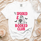 White t-shirt with "SPOOKED & BOOKED CLUB" text and bride ghost graphic.