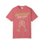 "Last Splash Sarah's Bach" text with champagne glasses on a coral t-shirt.