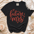 Black t-shirt with red "future mrs" text and hearts.