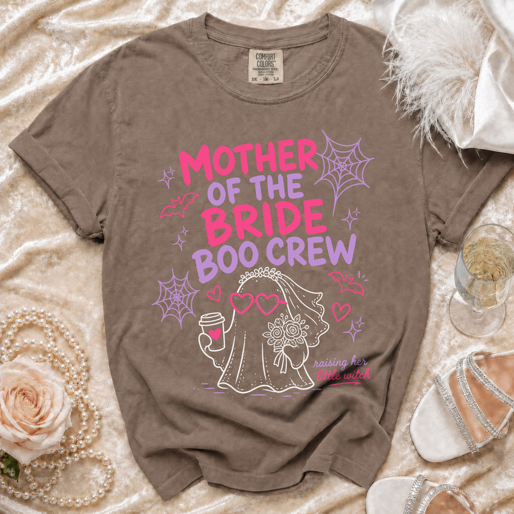 Brown t-shirt with "MOTHER OF THE BRIDE BOO CREW" text and ghost bride graphic.