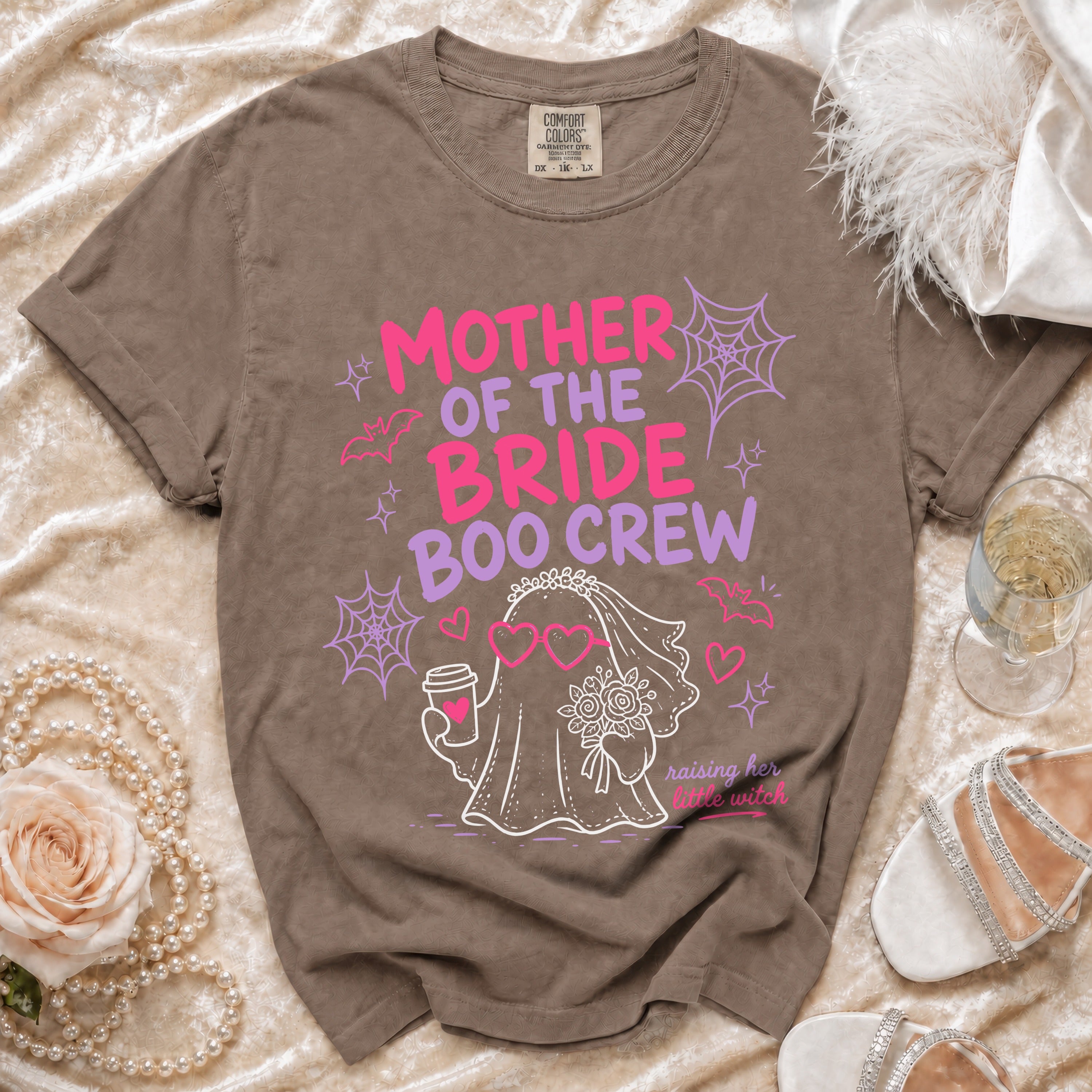 Brown t-shirt with "MOTHER OF THE BRIDE BOO CREW" text and ghost bride graphic.