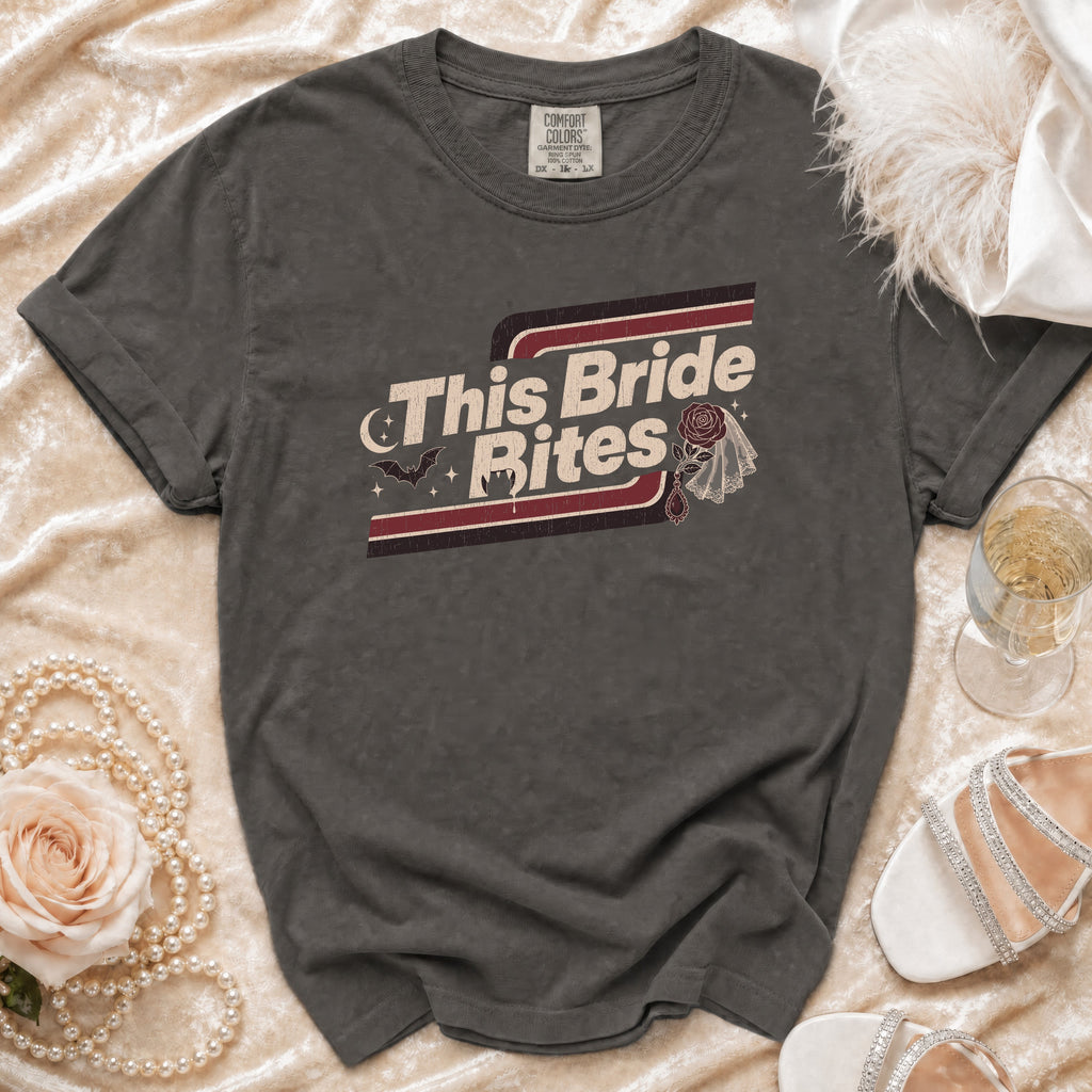 Dark grey t-shirt with "This Bride Bites" graphic, bat, and veil.