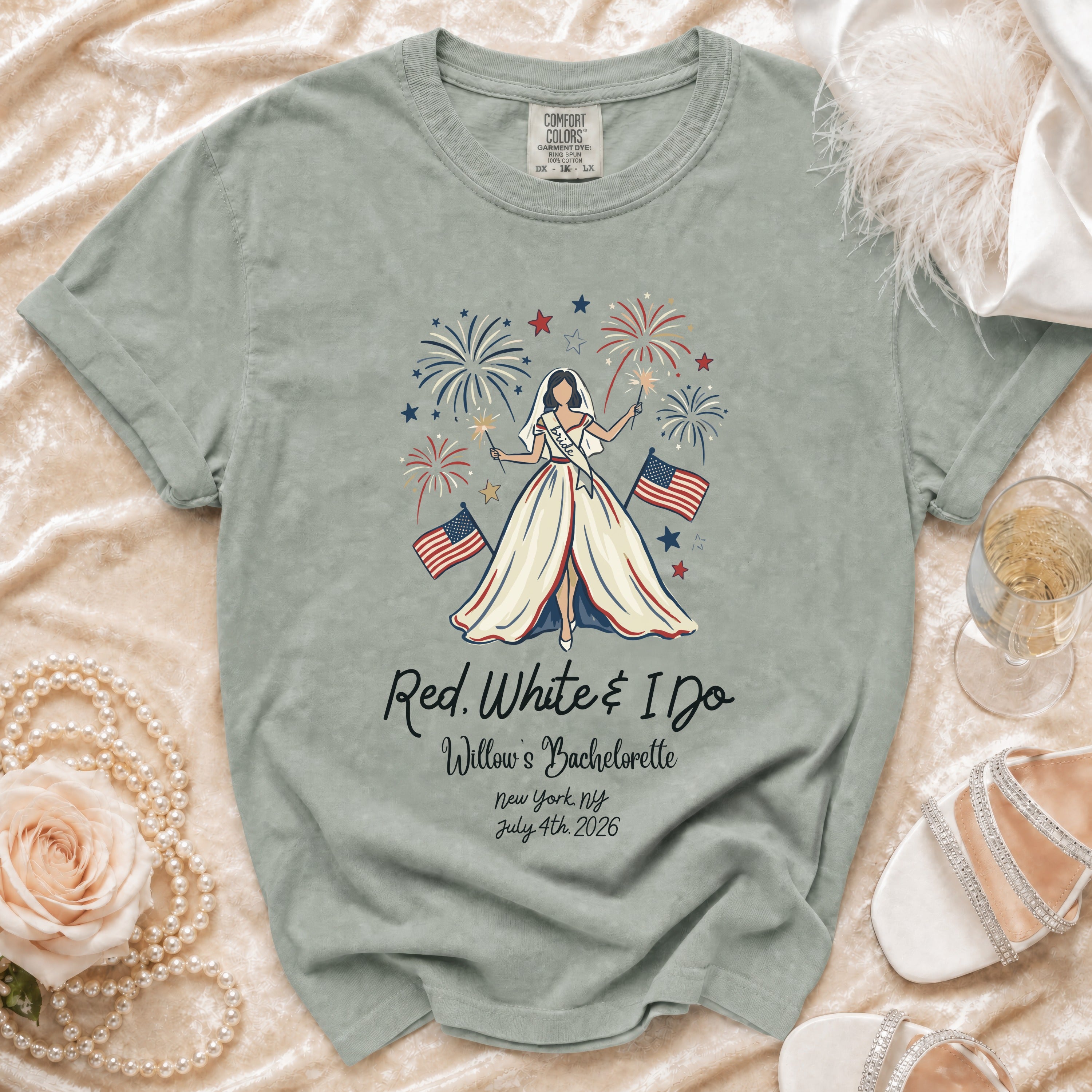 Bachelorette shirt with "Red, White & I Do" and custom details.