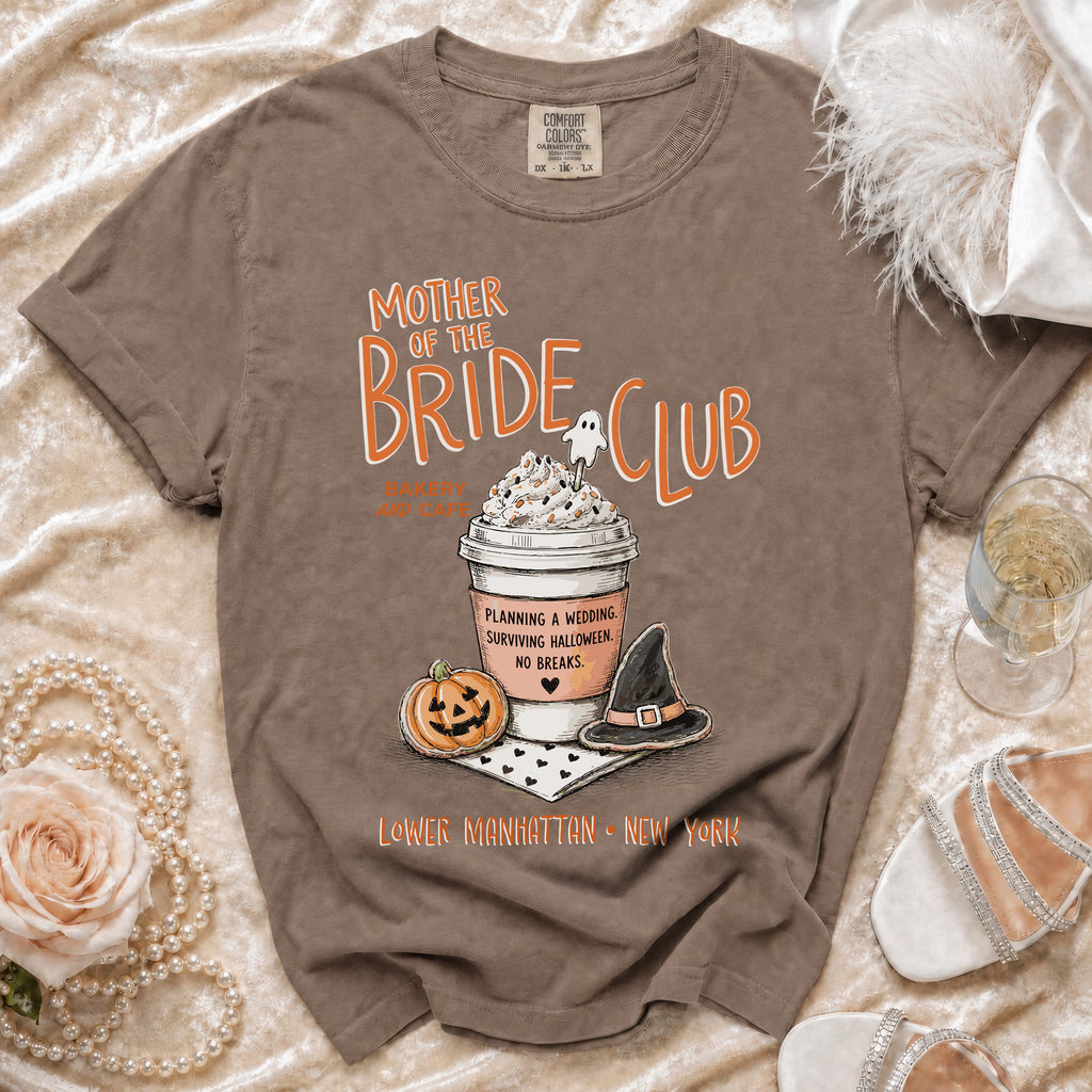 Mother of the Bride Club shirt with Halloween and wedding graphics and text.