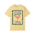 Yellow t-shirt with "Sarah's Bach Last Splash" cocktail graphic.