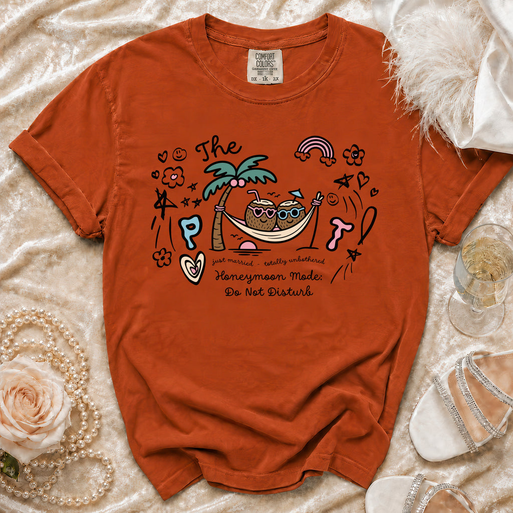 Orange Comfort Colors t-shirt with "Honeymoon Mode: Do Not Disturb" graphic.