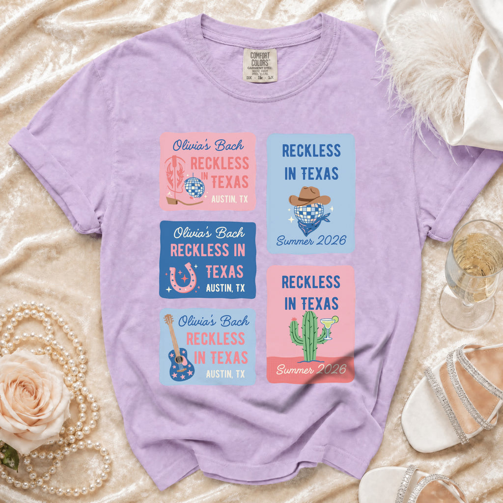 T-shirt with four square graphic designs, each reading "Olivia's Bach Reckless in Texas."