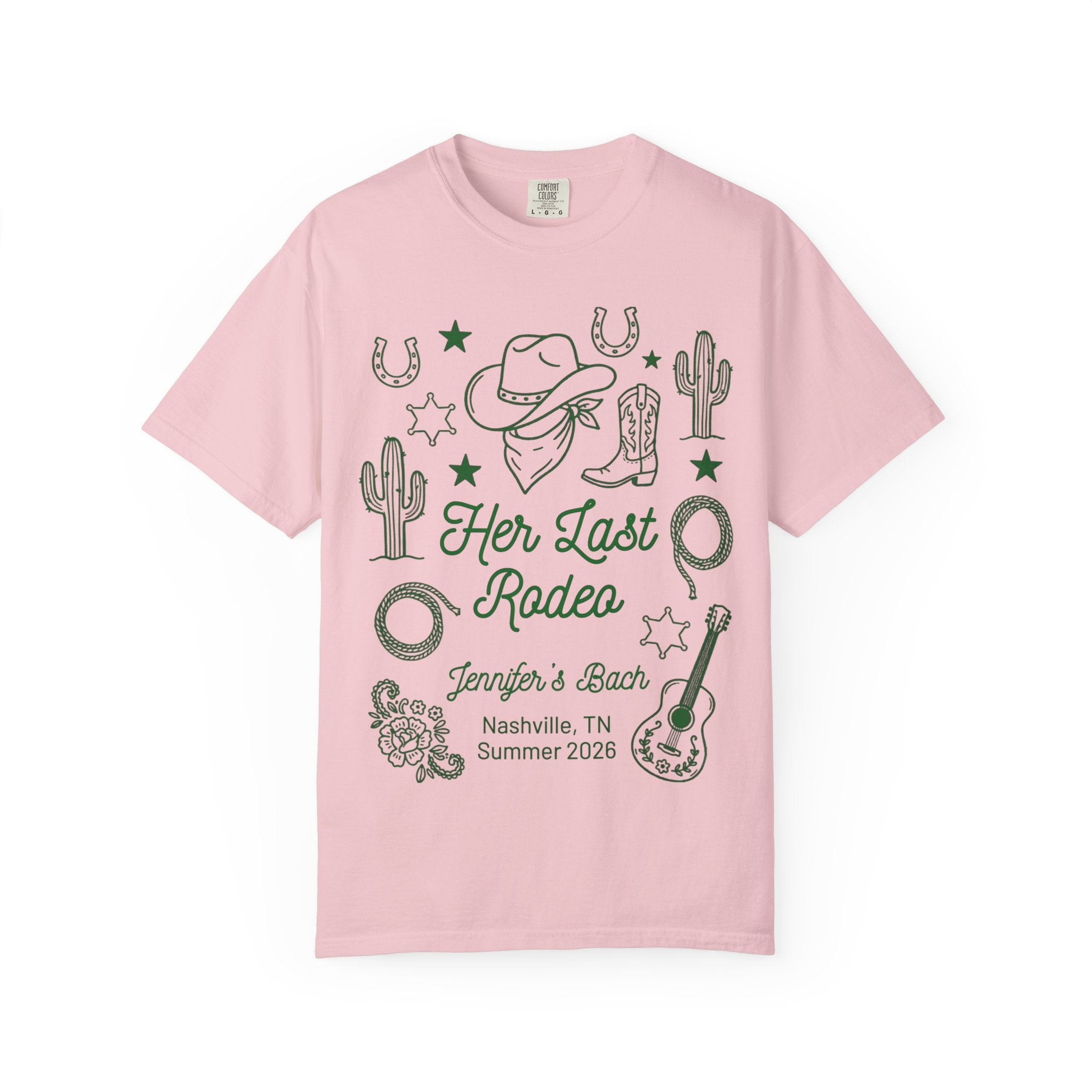Pink t-shirt with Western motifs and "Her Last Rodeo" text for a bachelorette party.