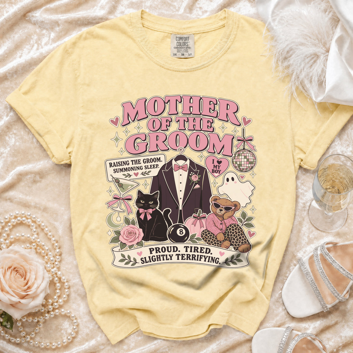 Yellow t-shirt with "Mother of the Groom" graphic, cat, bear, and text.