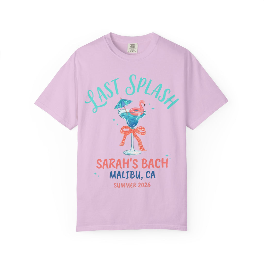 Pink t-shirt with "Last Splash Sarah's Bach Malibu, CA Summer 2026" graphic.