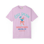 Pink t-shirt with "Last Splash Sarah's Bach Malibu, CA Summer 2026" graphic.