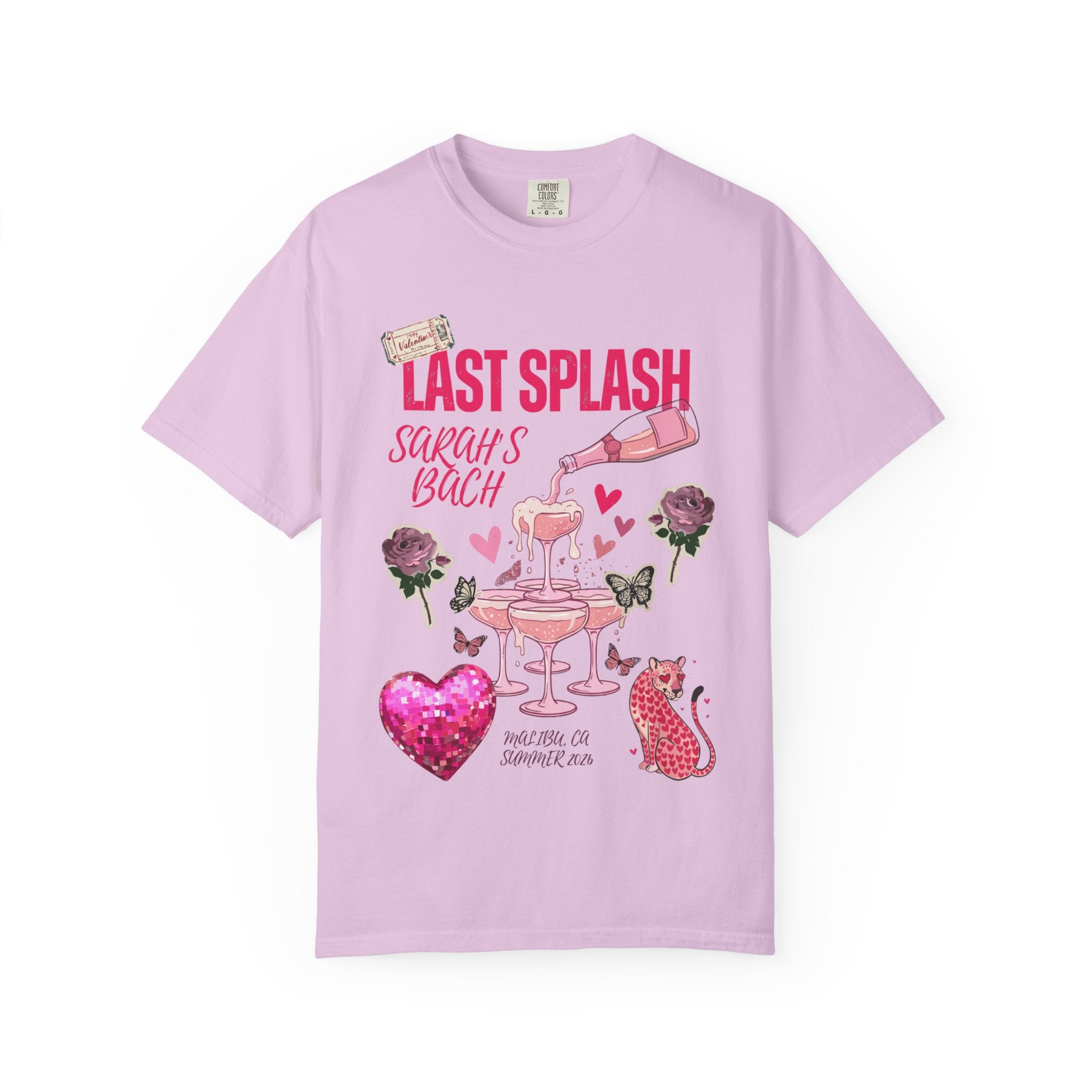 Light pink t-shirt with "Last Splash Sarah's Bach" text, champagne, roses, and butterflies.
