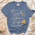 Blue t-shirt with "Limoncello Wedding Bells 2026 Sophia's Bachelorette Amalfi Coast" text.