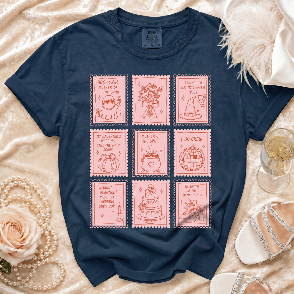 Navy t-shirt with pink postage stamp graphics for wedding events and bridal party roles.